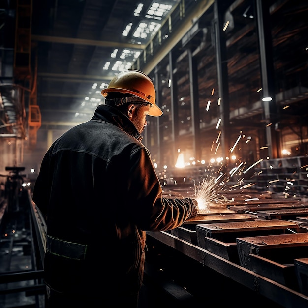 Foto lavoratore che ispeziona l'acciaio in una fabbrica di acciaio