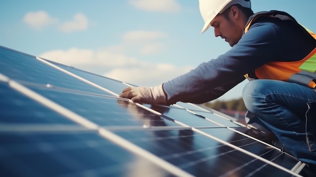 Worker install solar panel on the rooftop of the house