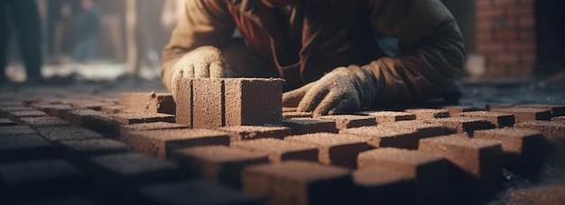 Worker installing bricks on construction site Generative Ai