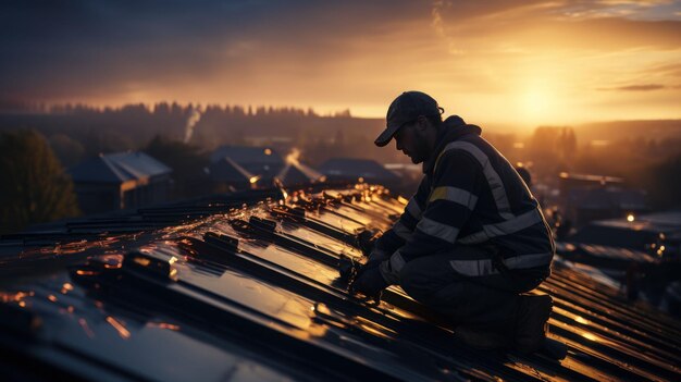 Worker installing metal sheet roofer sunset over the city