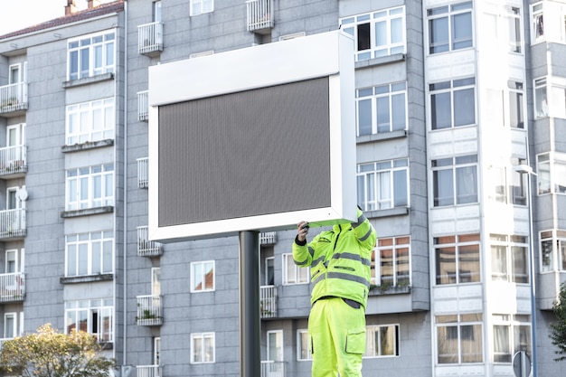 Lavoratore che installa un nuovo segno elettronico sulla strada della città