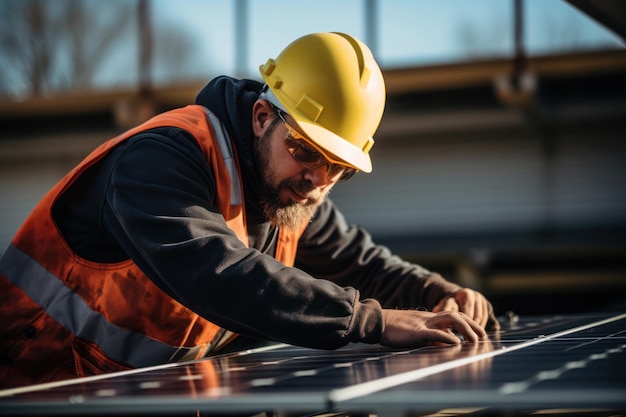 Worker installing solar panels renewable energy