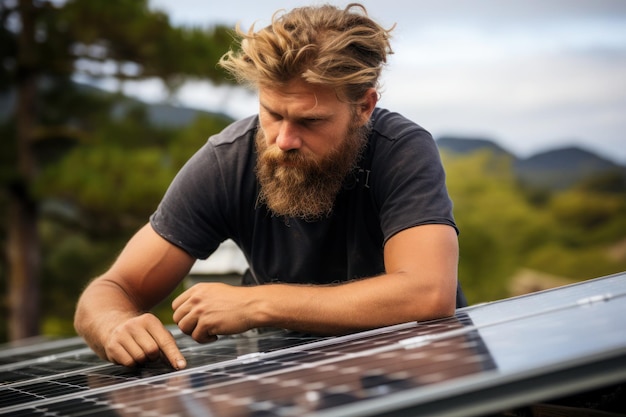 Worker installing solar panels renewable energy