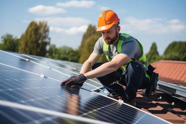 a worker installing solar panels on a roof