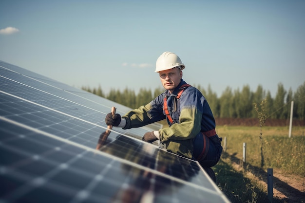 Worker installing solar panels