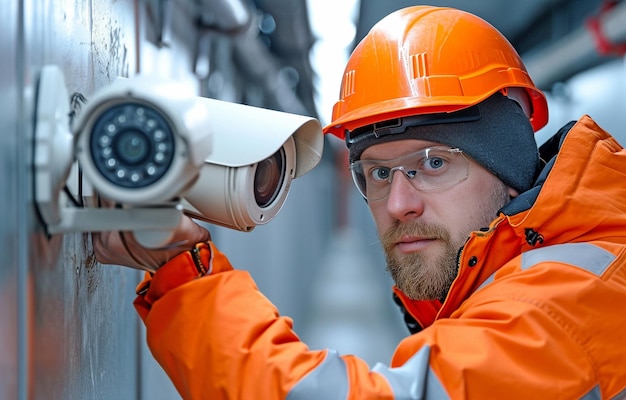 A worker installs video security cameras on walls