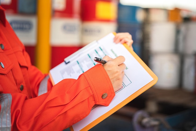 Photo a worker is checking on the hazardous chemical material information form with background of chemical