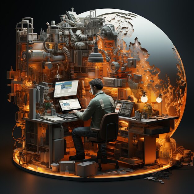 The worker is sitting in a chair looking at the computer