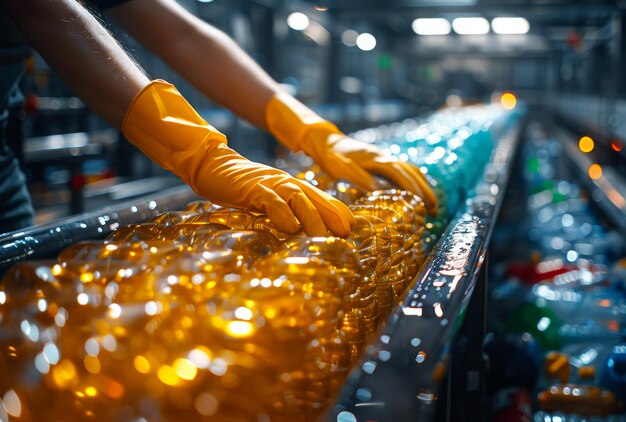 Worker is taking the plastic bottle from the conveyor belt to the storage