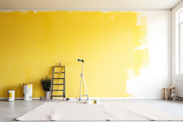 Photo a worker is using a roller brush to apply yellow paint onto a wall surface in an apartment giving it