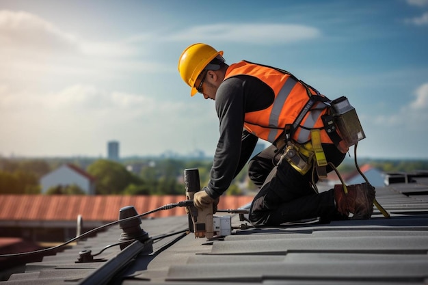a worker is working on a roof with a hammer and a hammer