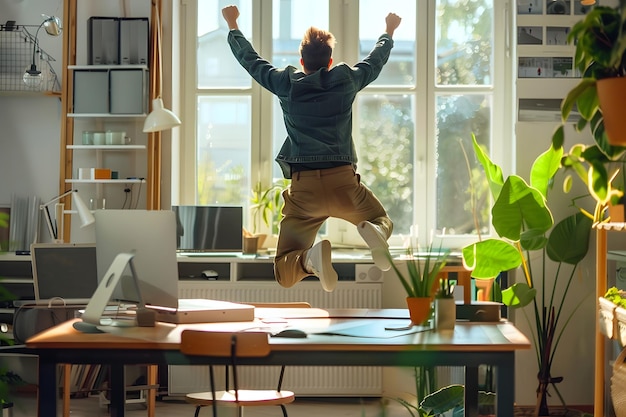 A worker jumps with joy as he leaves his office after a successful workday