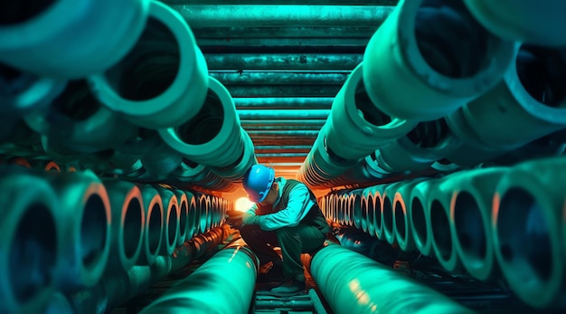 Photo a worker in a large pipe tunnel with a blue light on the ceiling.