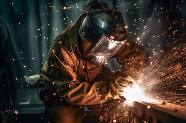 Worker laser welding metal Engineer welder working in protective industrial equipment Generate ai