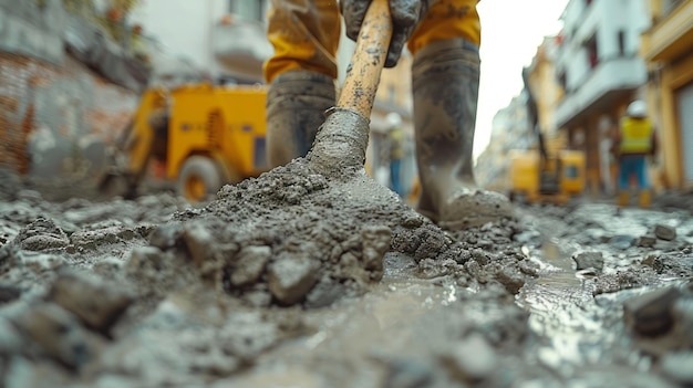 Worker laying paving slabs on a construction site with a shovel