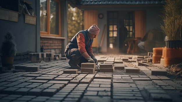 Worker laying paving slabs on the floor at the construction sitegenerative ai