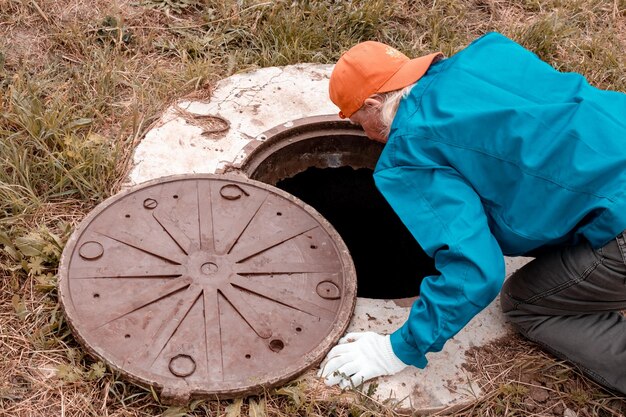 Photo a worker leaned over the well to check the water meter plumbing work in rural areas