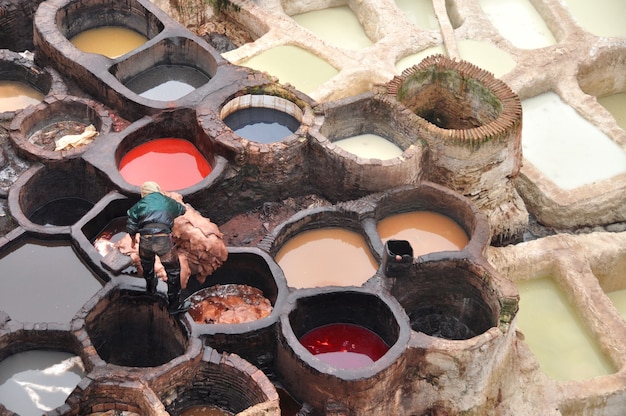 Photo worker lowers the skins into the tank ceramic containers with colored leather paint at the oldest tannery in fez morocco