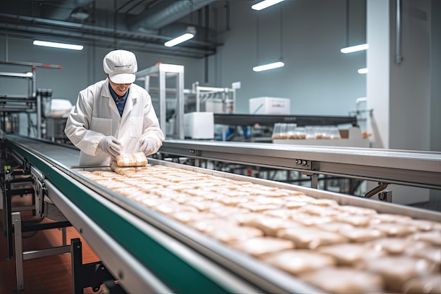 A worker making donuts on a conveyor belt