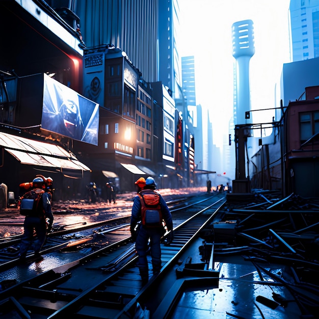 Worker making progress in Futuristic city