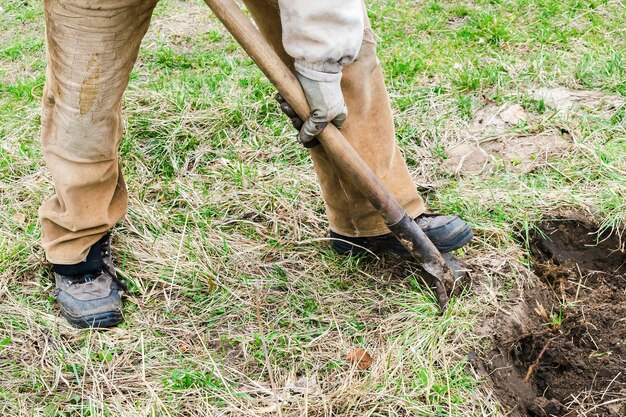 Worker male farmer man legs digging ploughing soil ground with shovel in rubber boots in garden forest in spring or autumn agriculture agronomy close up