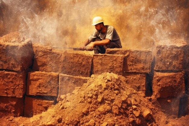 Foto uomo dell'operaio che costruisce un muro con grandi pietre