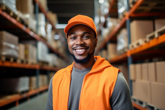 Worker man cheerful person storehouse working business industrial shipping warehouse storage distribution logistics job happy occupation smile young male portrait