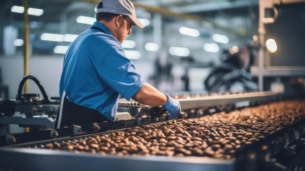 Worker man control quality product on automatic conveyor belt for transporting cedar nuts