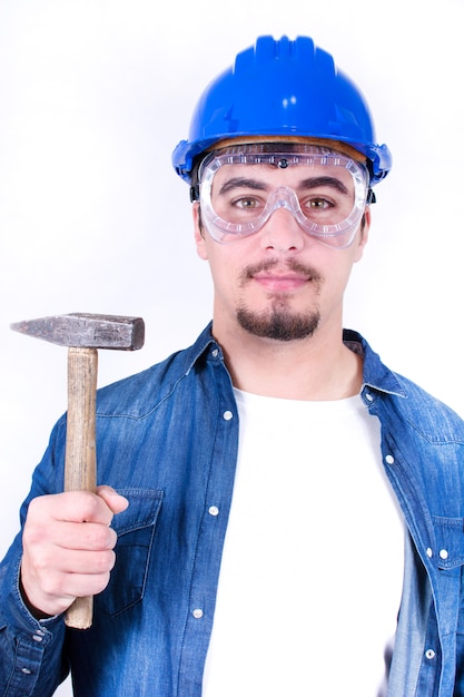 worker man with hammer in hand isolated