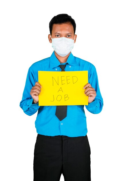 Worker in mask holding text of Need a Job