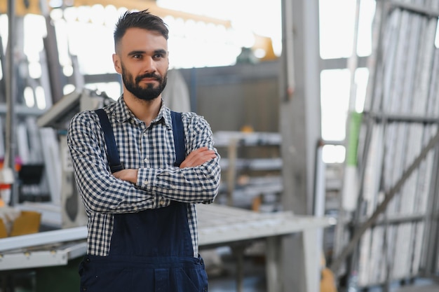 Worker measures and prepares pvc profiles in the workshop for window and door manufacturing