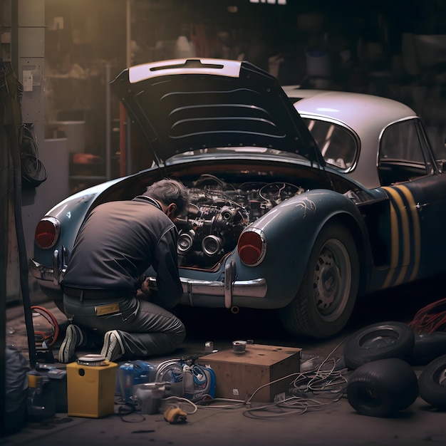 Рабочий-механик работает над двигателем ретро-автомобиля в гараже. Ремонт автомобилей.