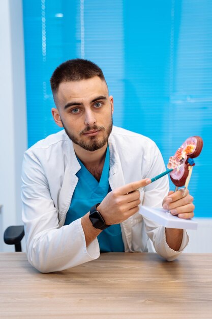 Worker of medicine shows the urinary system on the plastic\
kidney to the camera. concept of diagnosing and treatment.