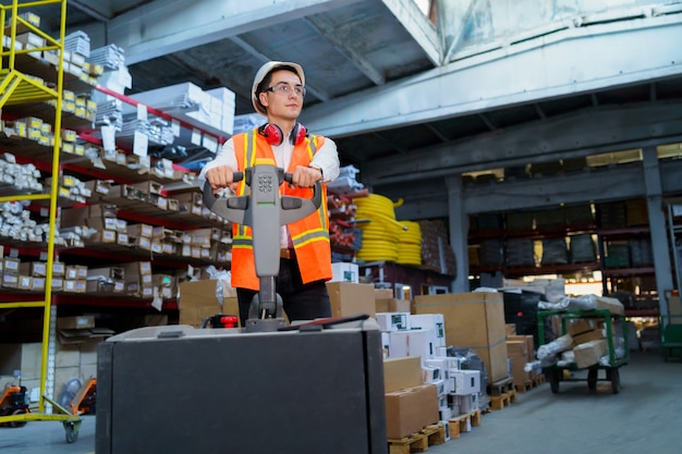 Worker operates pallet loader