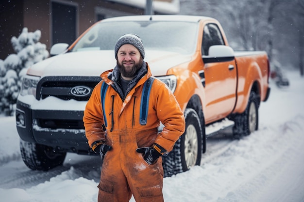 Photo worker in orange overalls stands near the car in winter