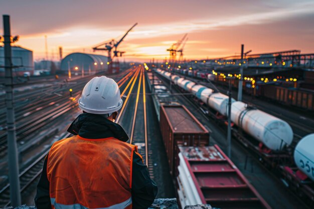 Worker in Orange Vest Looking at Train Yard