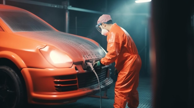 worker painting a car black blank parts in special garage wearing costume and protec Generative AI