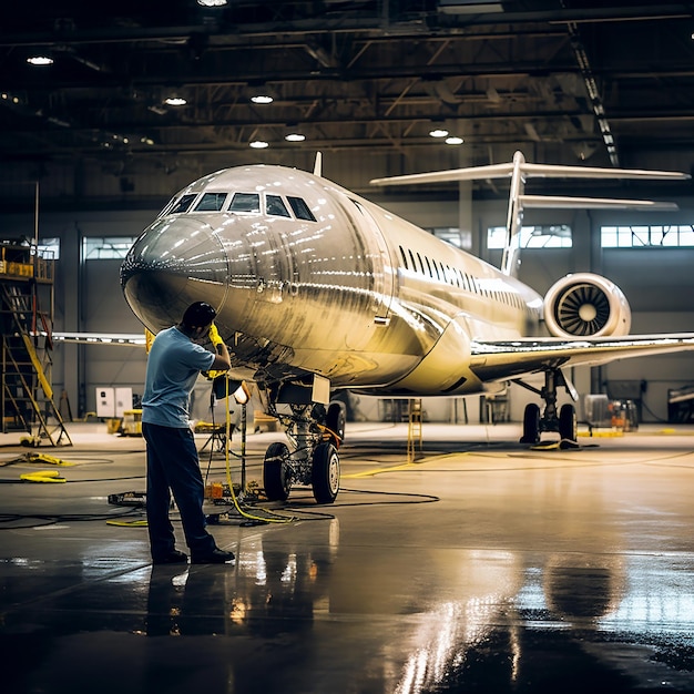 Photo worker painting plane inside big hangar