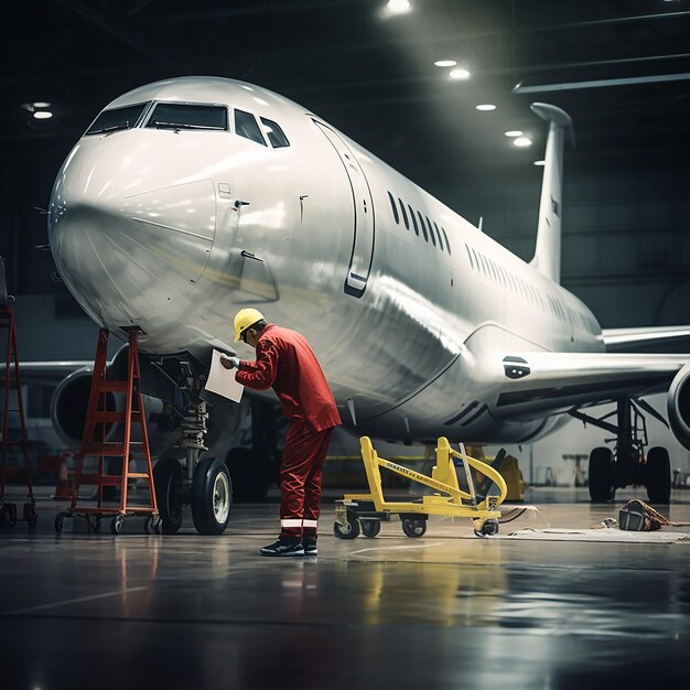 Worker Painting Plane Inside Big Hangar