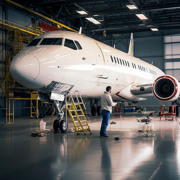 Photo worker painting plane inside big hangar