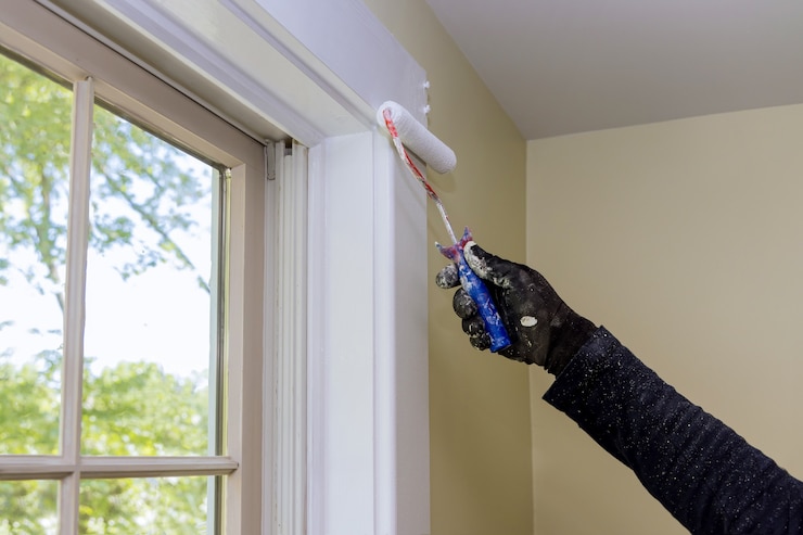 Photo worker painting using paint roller on layer white color a window frame trim at home renovation