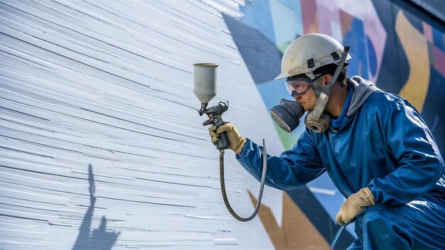 写真 白い色でスプレーガンで壁を塗る作業員