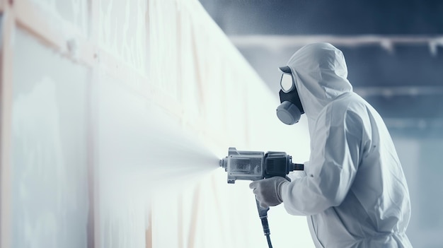 Photo worker painting wall with spray gun in white color