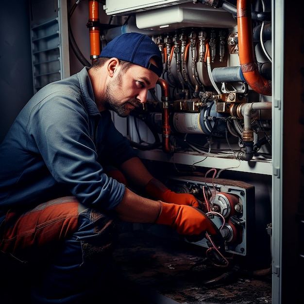 Worker Plumber Setting Up Heating Boiler