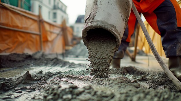 A worker pours fresh concrete from a pipeline to form a solid base The worker wears safety clothing