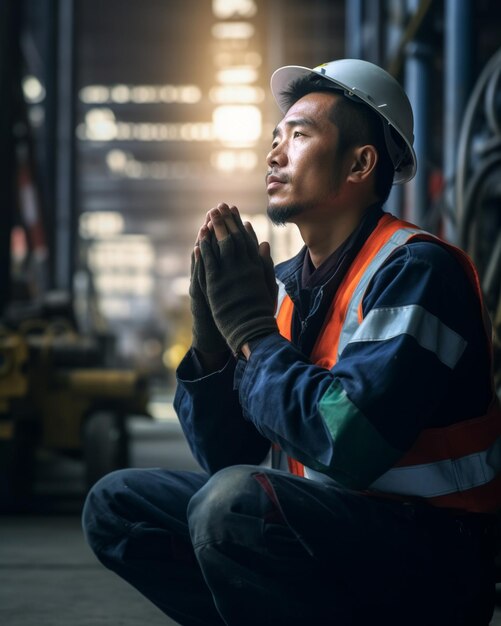 労働者が建物の前で祈り,その上に"しないで"と書かれています.