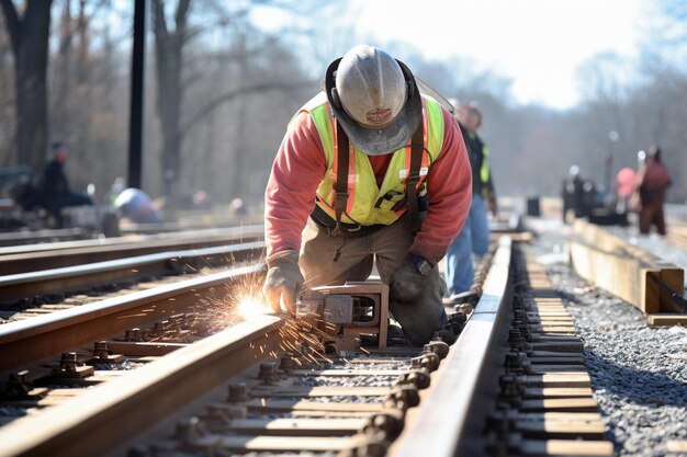 Photo a worker in the process of arailroad track weld repair with a freight train passing