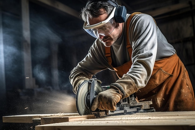 保護メガネと手袋をして木製を鋸で切断する労働者
