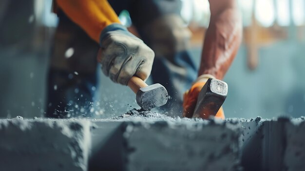 Photo worker in protective gloves breaking a concrete block with a sledgehammer