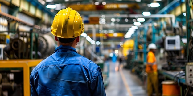 Worker in a protective helmet surveys a bustling factory floor Concept Bustling Factory Floor Worker in Helmet Factory Surveillance Industrial Safety Manufacturing Operations